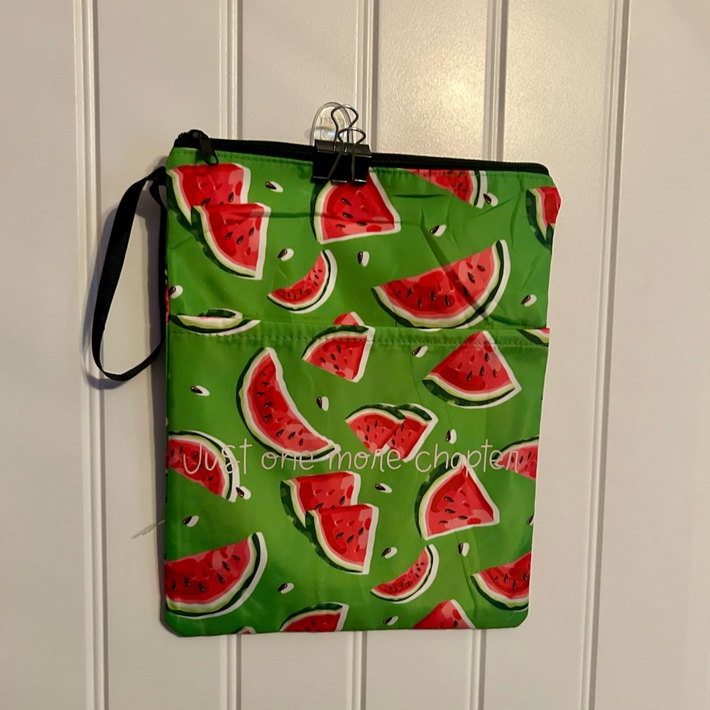 Book sleeve in fun watermelon print with Just One More Chapter message